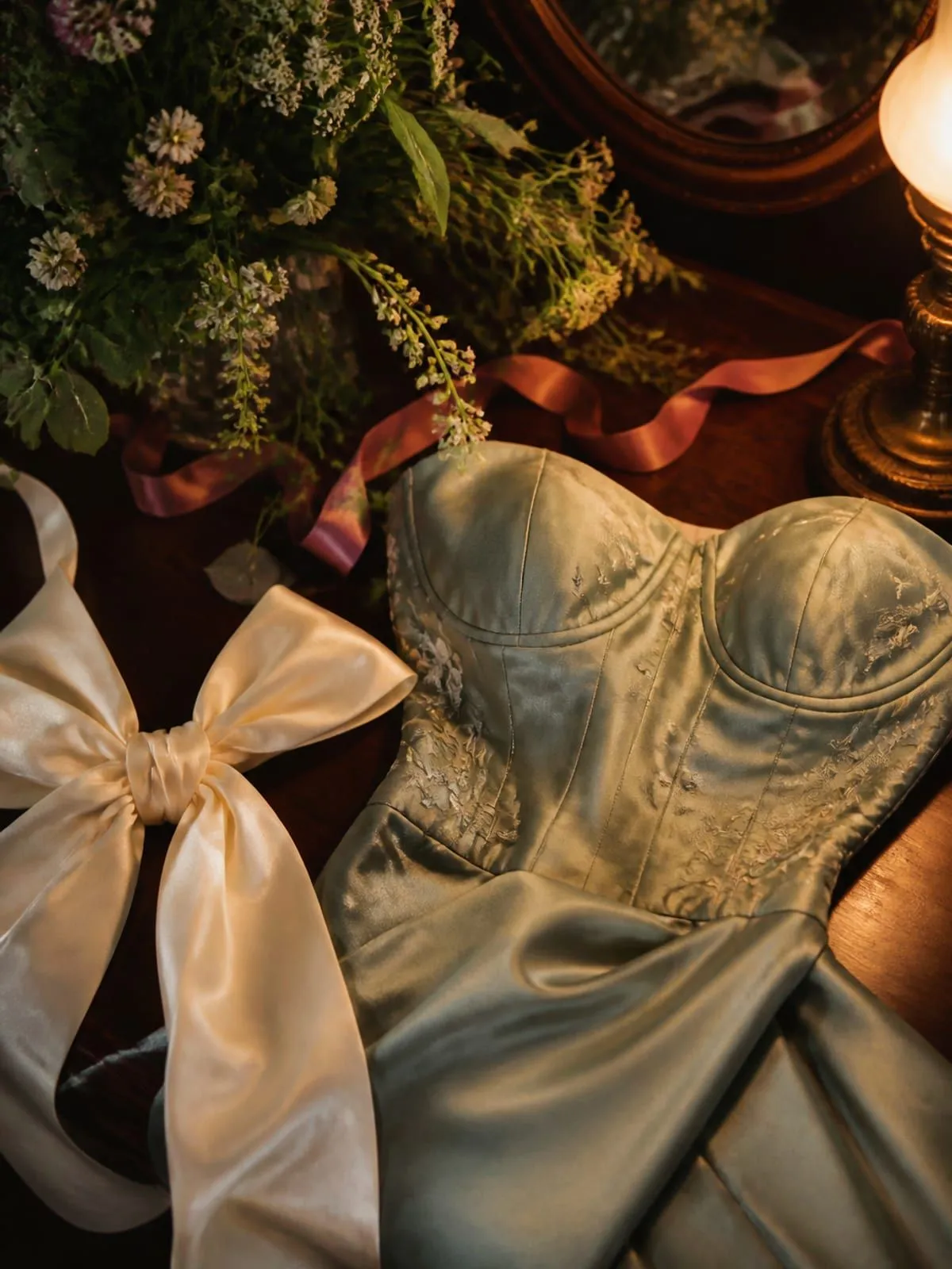 Detalle del vestido y el moño sobre una mesa de ensayo, con flores silvestres