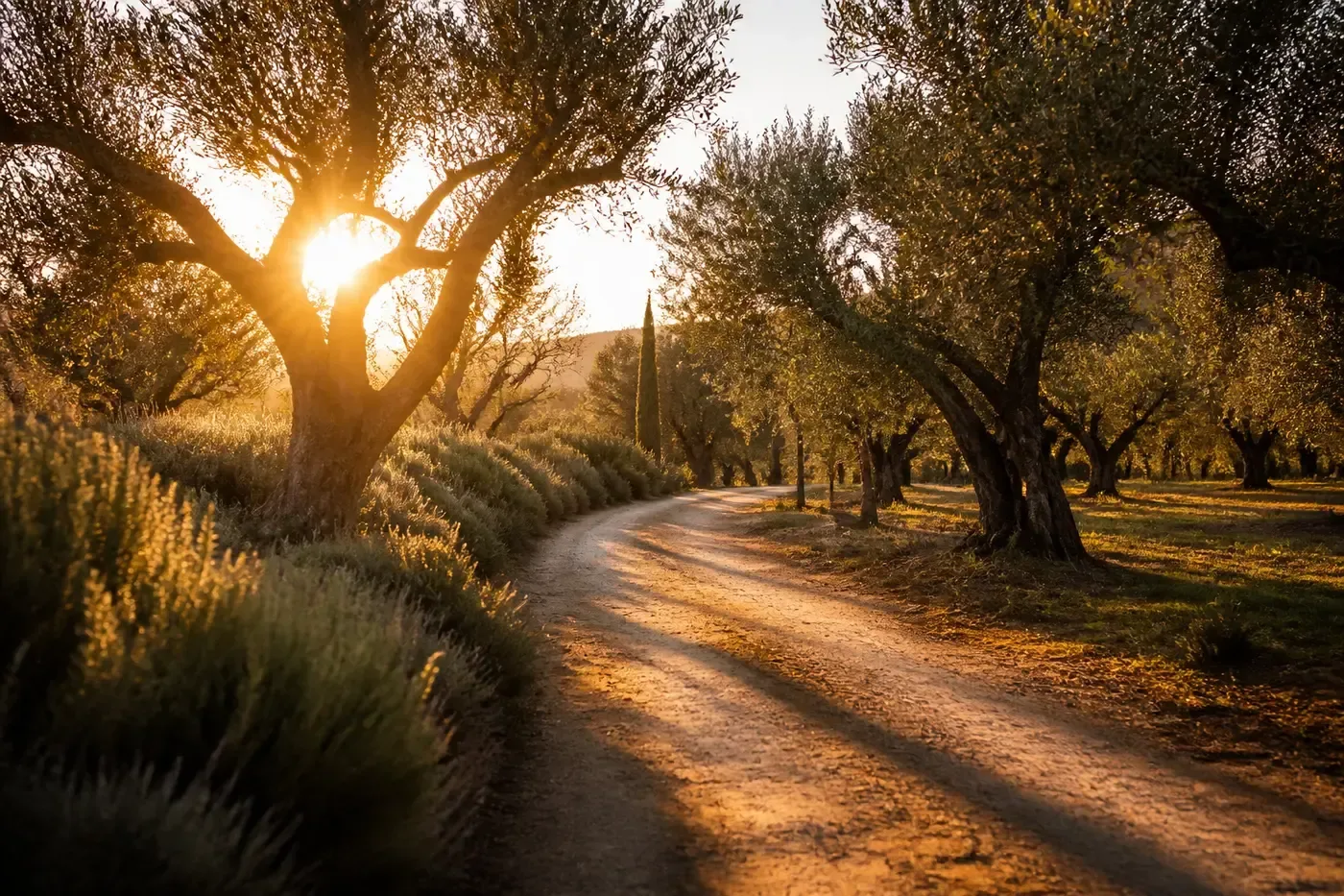 Camino de tierra en la quinta al atardecer, entre árboles