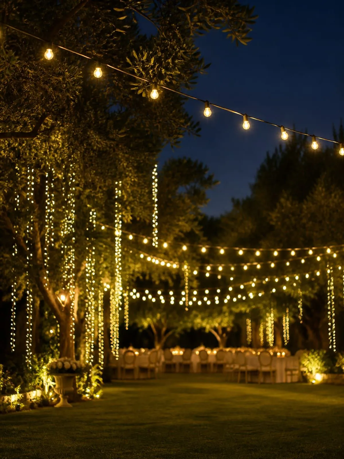 Guirnaldas de luces colgantes en un jardín de noche