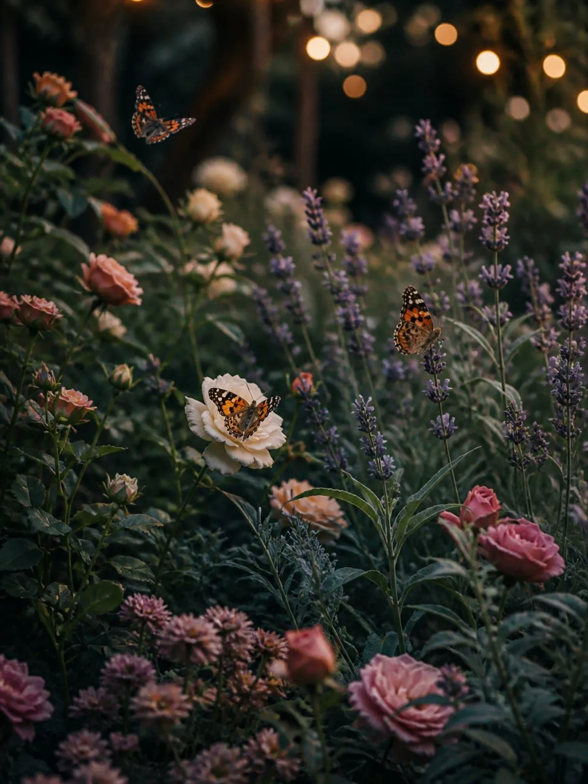 Mariposas entre flores silvestres al atardecer