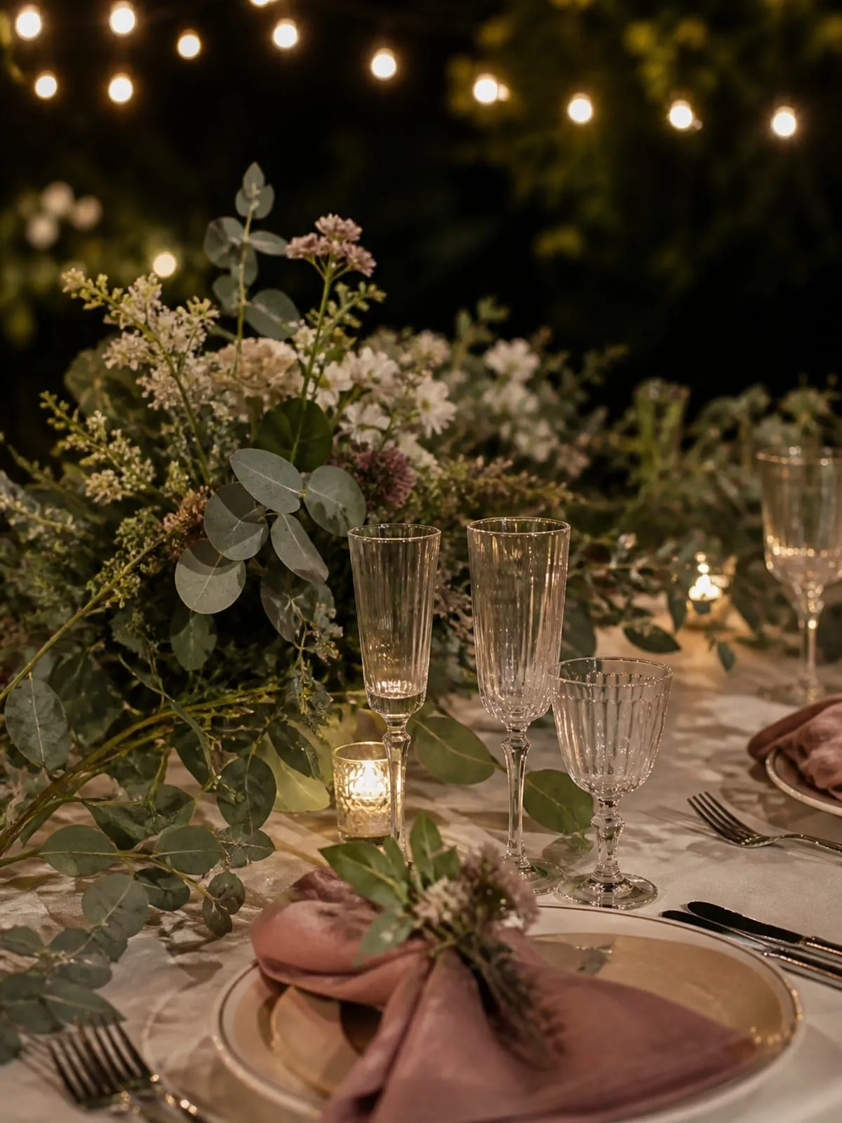 Detalle de mesa de garden party con copas, flores y luces cálidas