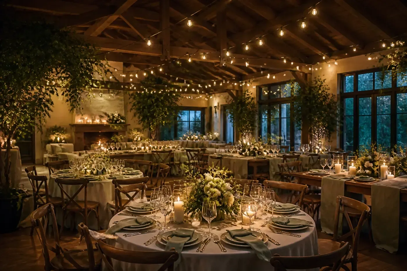Salón de la quinta de noche, con luces cálidas y velas