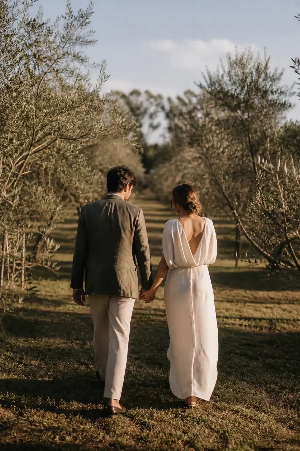 Sofía y Mateo de espaldas, tomados de la mano en un camino entre olivos