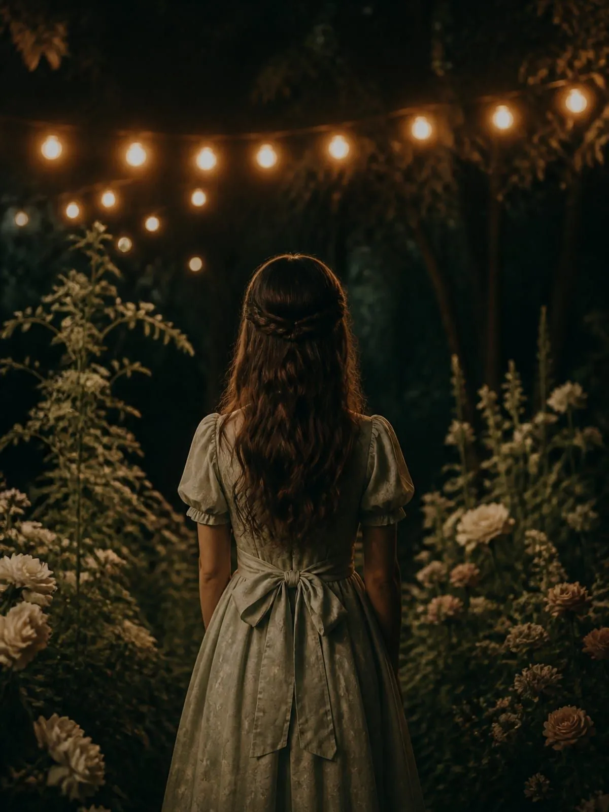 Valentina de espaldas, con vestido de fiesta, en un jardín de noche con luces colgantes